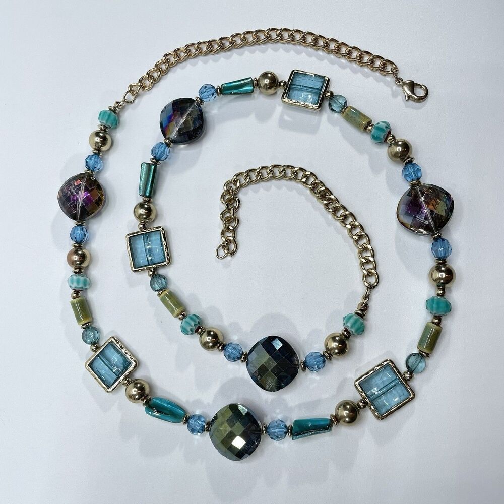 Gold Tone Blue AB Glass Beaded Long Boho Necklace Statement Classic